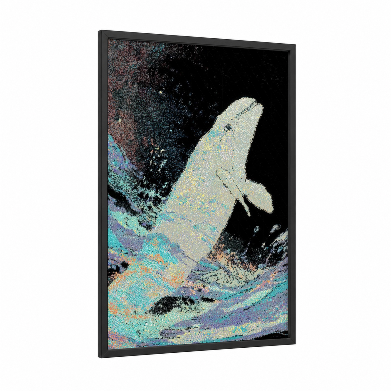 Luminous Beluga framed beluga whale print — black wood frame — teal and black and white palette