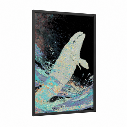 Luminous Beluga framed beluga whale print — black wood frame — teal and black and white palette
