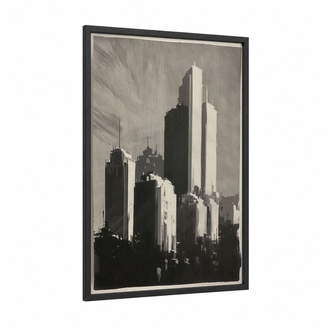 Urban Geometry framed abstract architecture print — black wood frame — black and white and gray palette