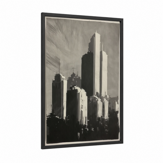 Urban Geometry framed abstract architecture print — black wood frame — black and white and gray palette