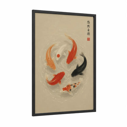 Japanese Koi Fish Circle Wall Art framed art print — black wood frame — beige and orange palette