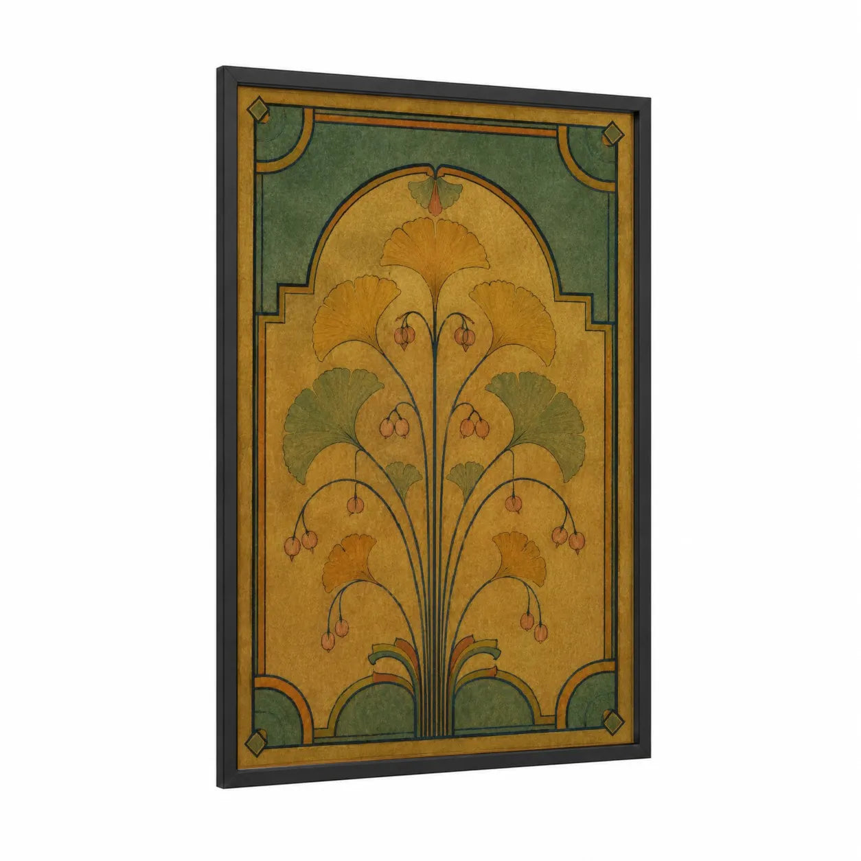 Art Deco Botanical Leaf Wall Art framed art print — black wood frame — gold and sage green palette