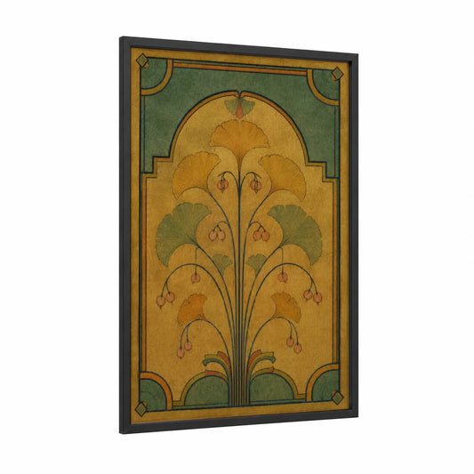Art Deco Botanical Leaf Wall Art framed art print — black wood frame — gold and sage green palette