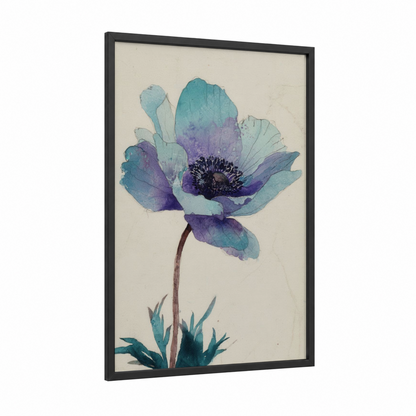 Twilight Anemone framed sea anemone print — black wood frame — teal and purple palette