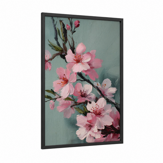 Spring Cherry Blossoms framed art print — black wood frame — pink and sage green palette
