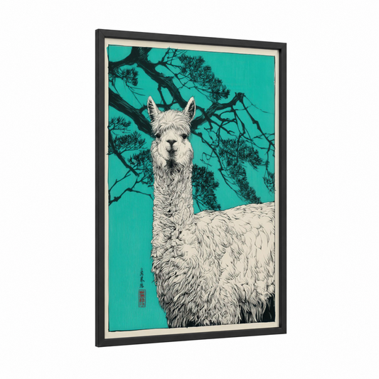 Turquoise Alpaca framed art print — black wood frame — turquoise and black and white palette