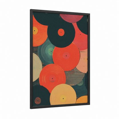 Retro Vinyl Stacks framed vinyl records print — black wood frame — red and orange palette