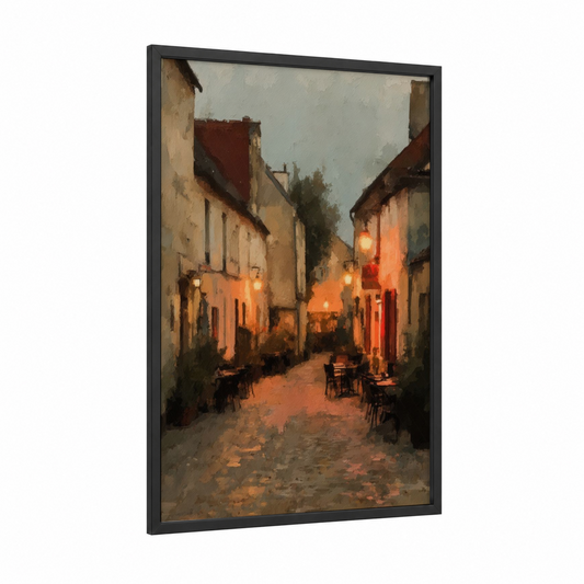 Evening Village Glow framed art print — black wood frame — gold and cream palette