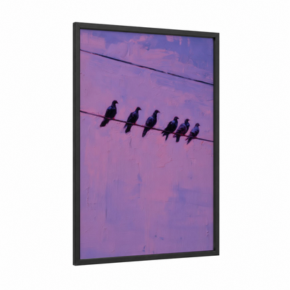 Purple Doves framed art print — black wood frame — purple and lavender palette