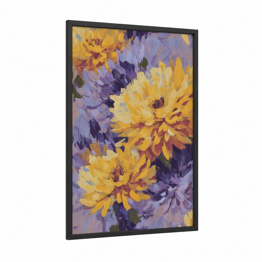 Golden Chrysanthemum framed art print — black wood frame — yellow gold and purple palette