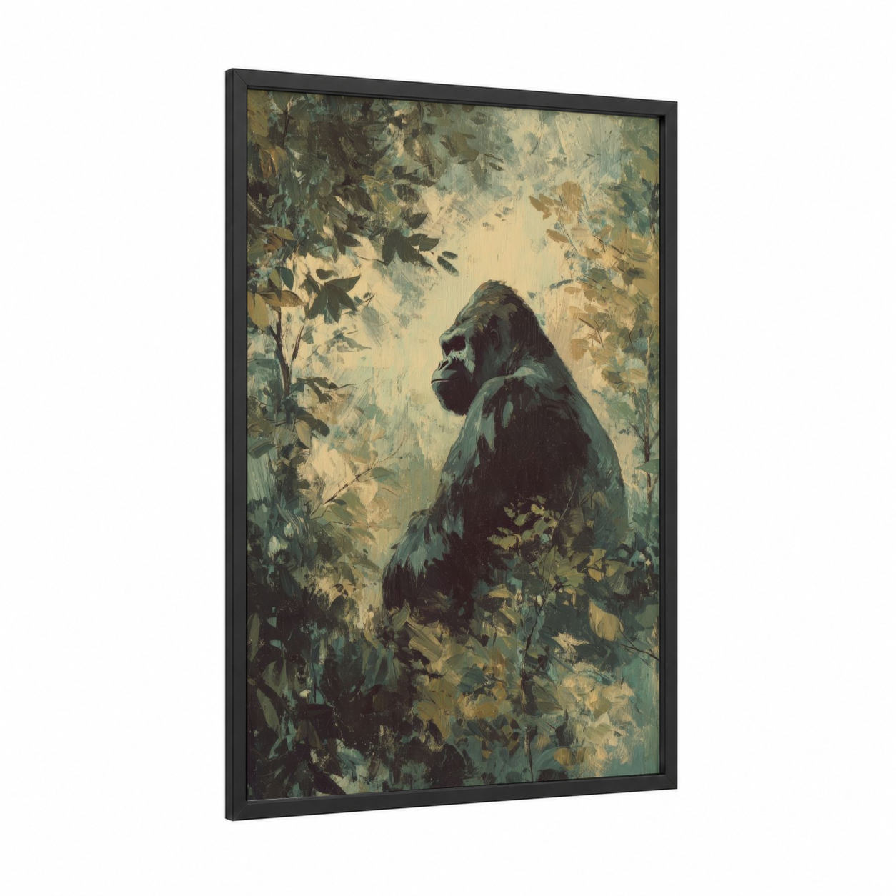 Forest Gorilla framed art print — black wood frame — gray and sage green palette