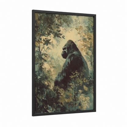 Forest Gorilla framed art print — black wood frame — gray and sage green palette