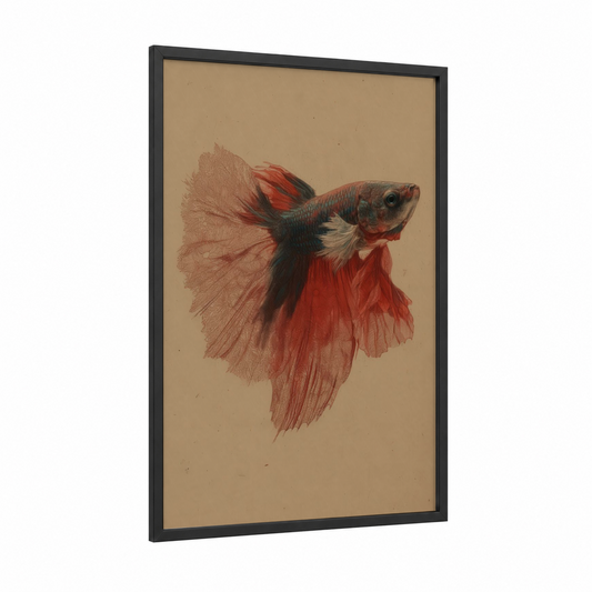 Crimson Betta framed fighting fish print — black wood frame — red and beige palette
