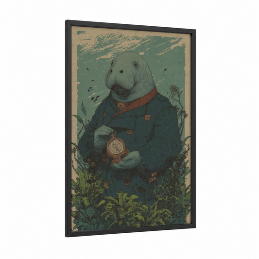 Adventurer Manatee framed manatees print — black wood frame — teal and russet palette