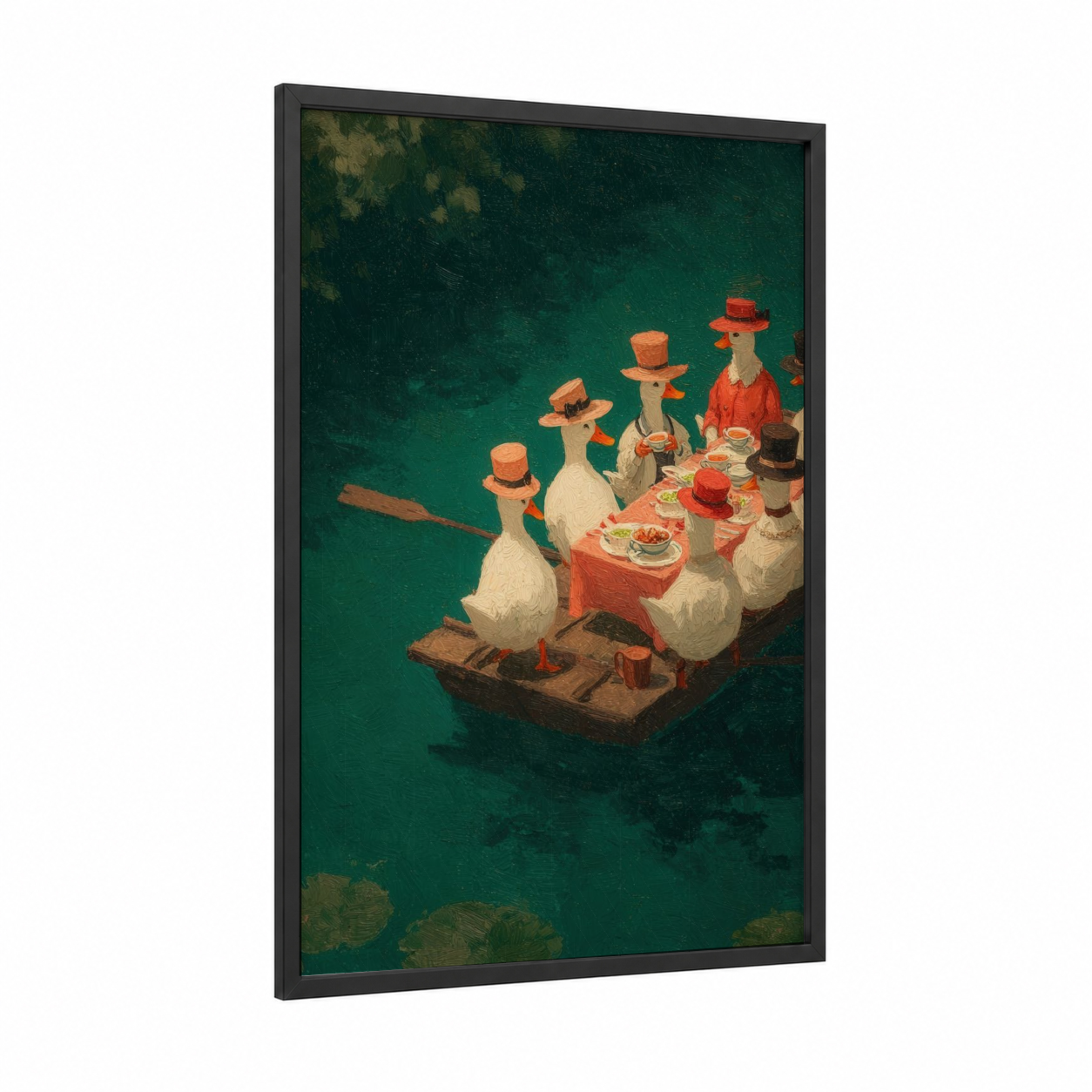 Whimsical Canal Gathering framed art print — black wood frame — teal and orange palette
