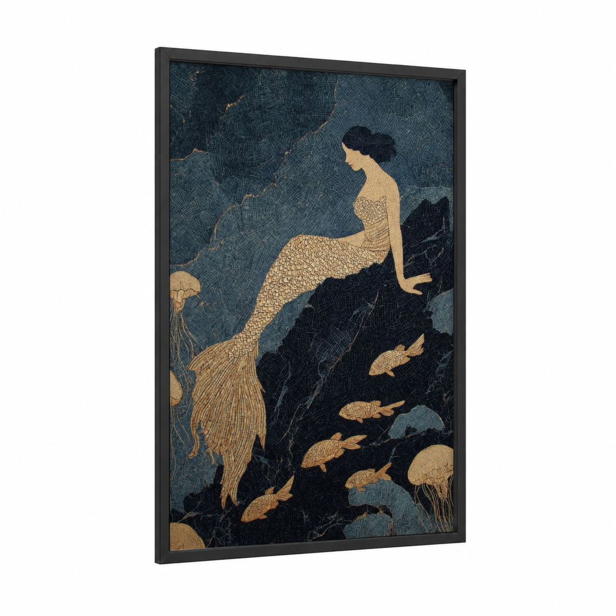 Golden Siren framed art print — black wood frame — dark blue and gold palette