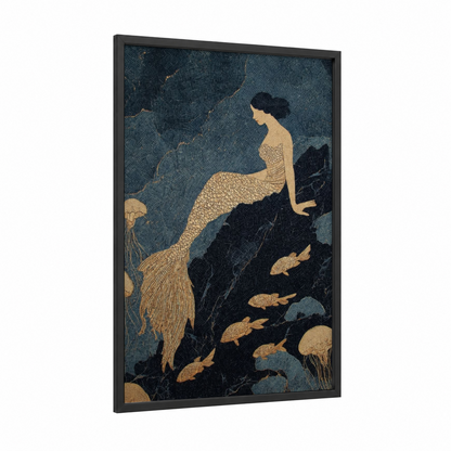 Golden Siren framed art print — black wood frame — dark blue and gold palette