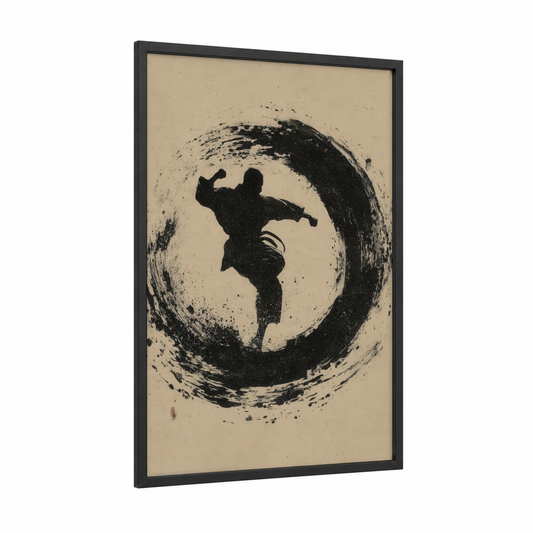 Spinning Warrior framed taekwondo print — black wood frame — black and white palette
