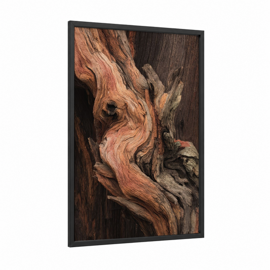 Weathered Juniper framed juniper tree print — black wood frame — russet and espresso palette