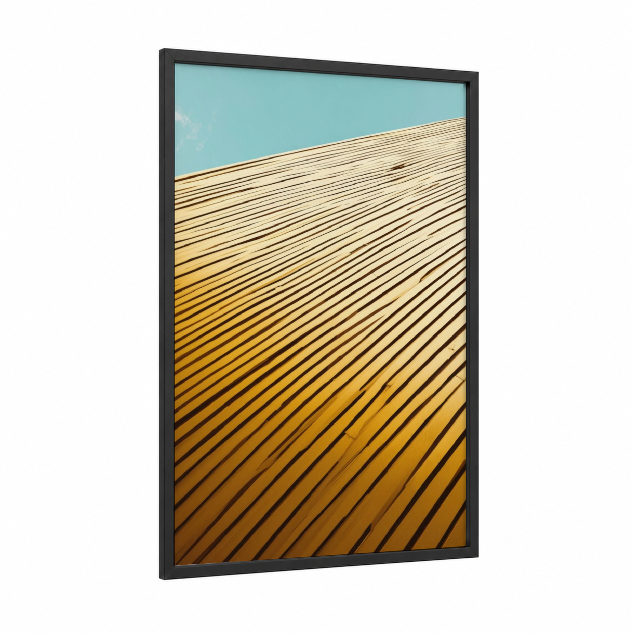 Golden Linear framed abstract architecture print — black wood frame — mustard and turquoise palette