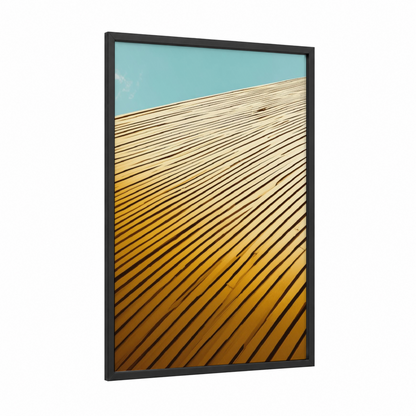 Golden Linear framed abstract architecture print — black wood frame — mustard and turquoise palette