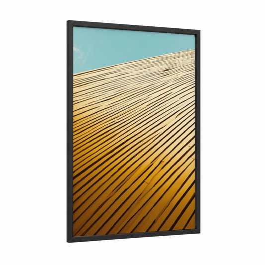 Golden Linear framed abstract architecture print — black wood frame — mustard and turquoise palette
