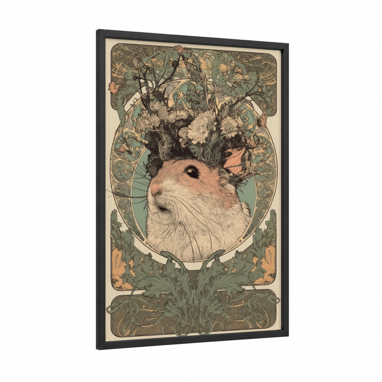 Botanical Hamster framed art print — black wood frame — beige and sage green palette