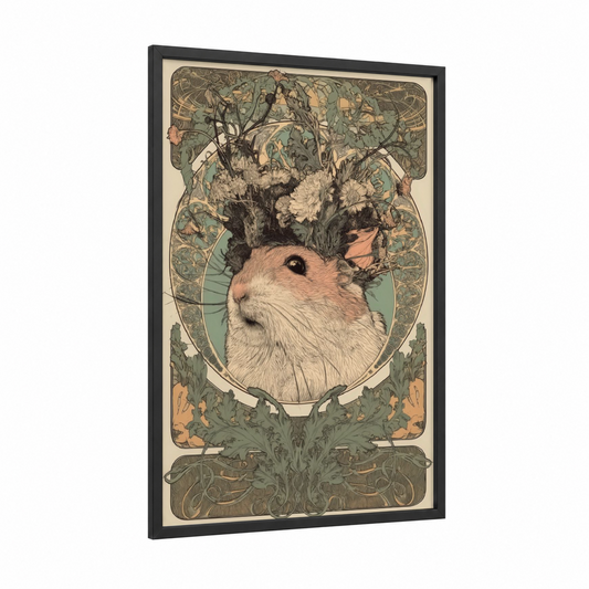 Botanical Hamster framed art print — black wood frame — beige and sage green palette