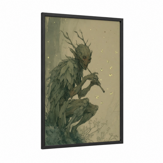Woodland Elf framed art print — black wood frame — sage green and cream palette
