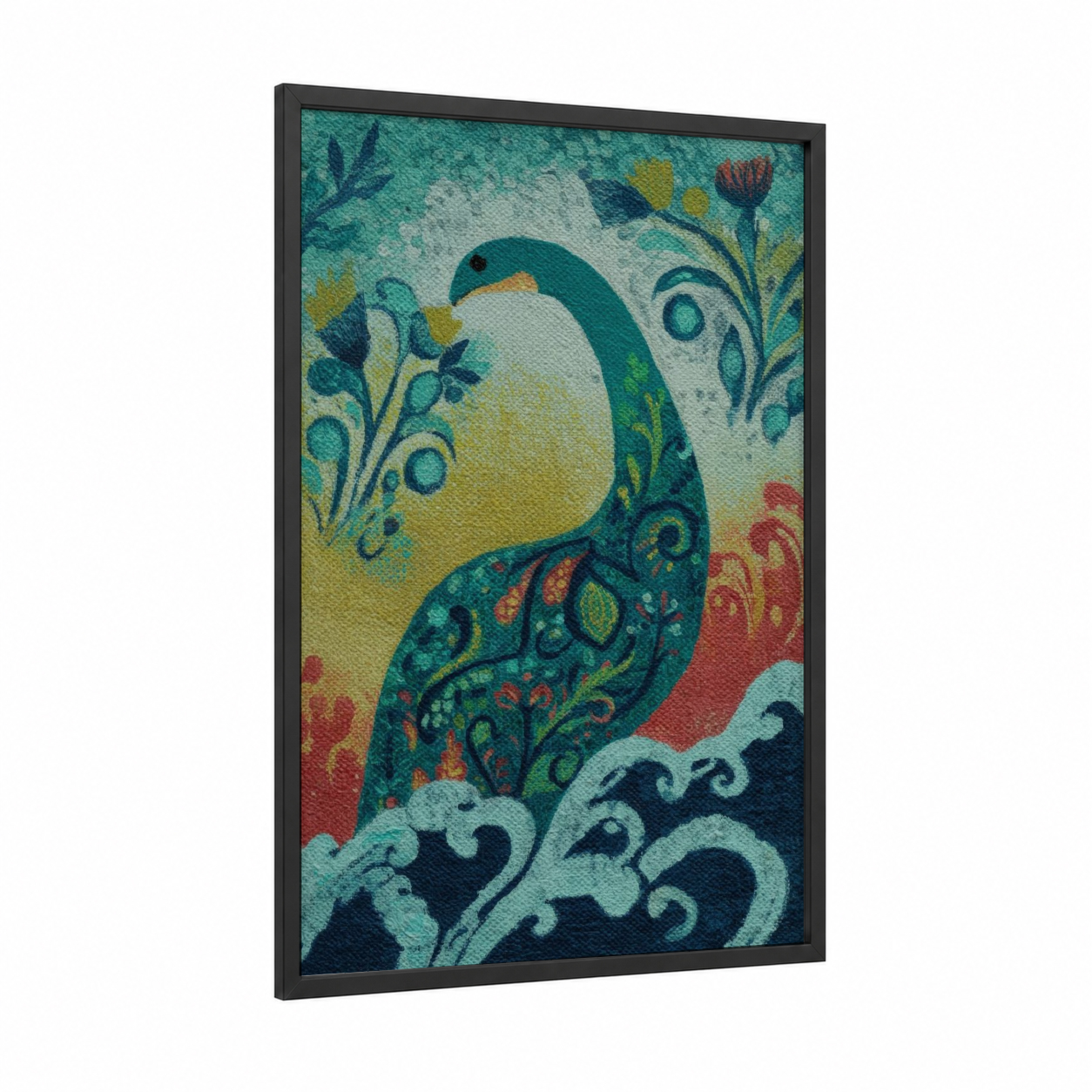 Emerald Serpent framed loch ness monster print — black wood frame — teal and gold palette