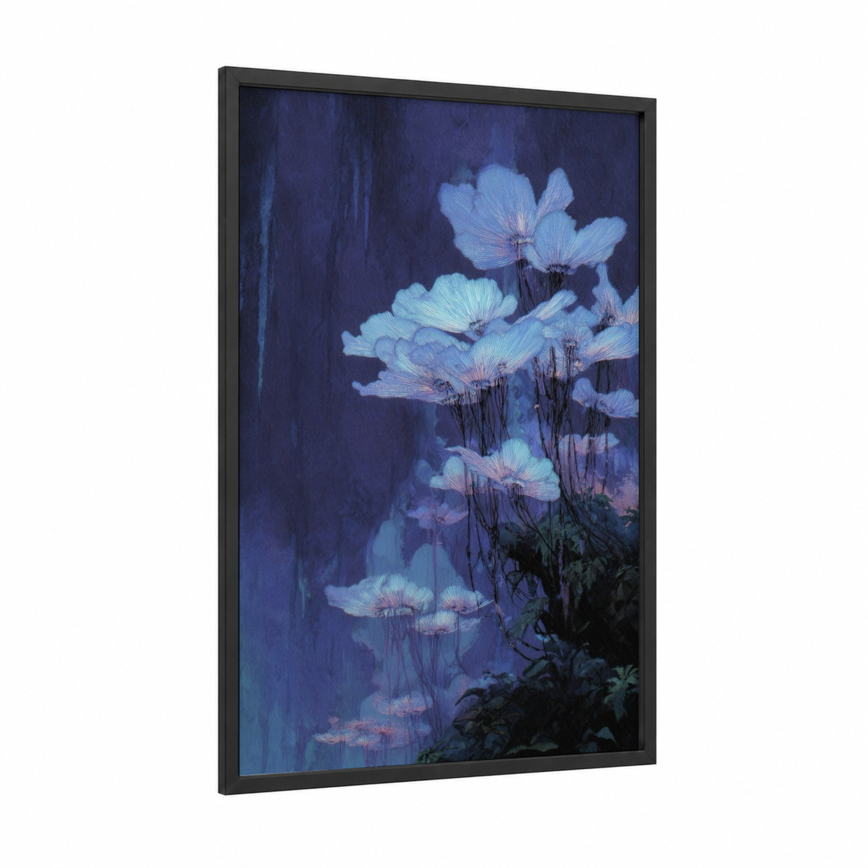 Ethereal Blossom framed sci-fi print — black wood frame — blue and white palette