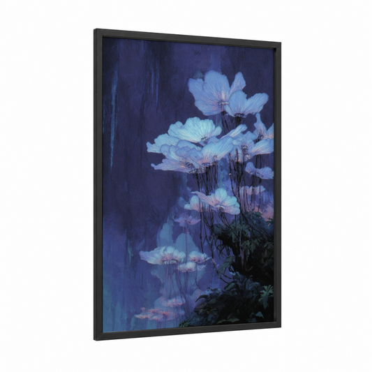 Ethereal Blossom framed sci-fi print — black wood frame — blue and white palette