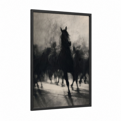 Misty Andalusian framed andalusian horse print — black wood frame — black and white and gray palette