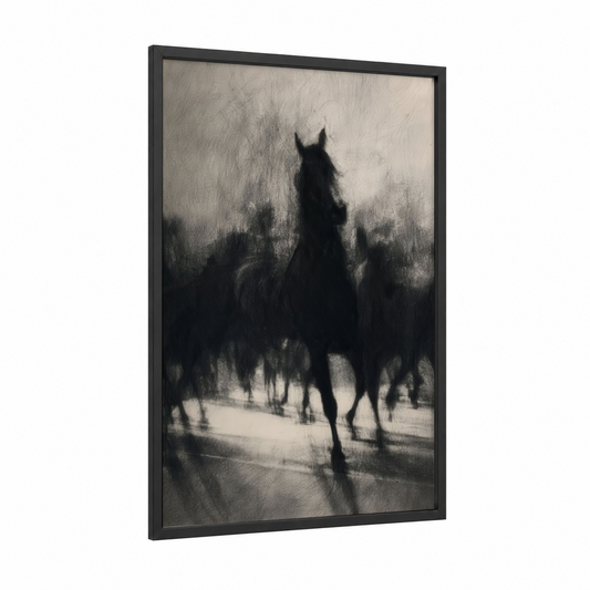 Misty Andalusian framed andalusian horse print — black wood frame — black and white and gray palette