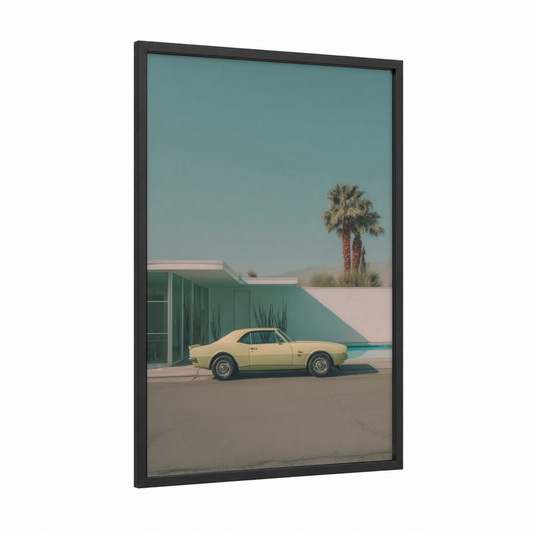 Vintage Yellow Coupe framed sports car print — black wood frame — cream and teal palette