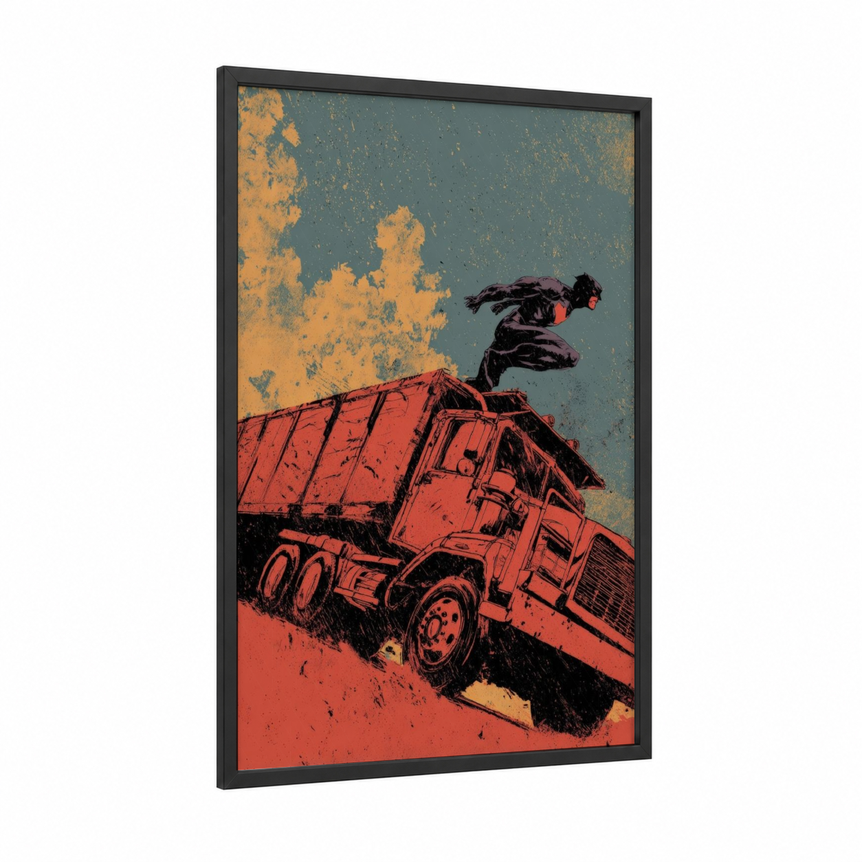Flying Trucker framed art print — black wood frame — red and teal palette