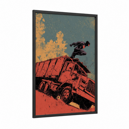 Flying Trucker framed art print — black wood frame — red and teal palette