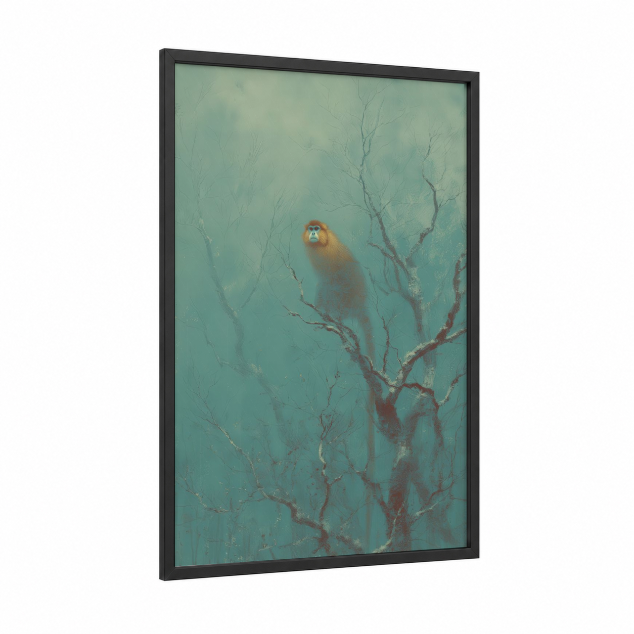 Golden Monkey Mist framed art print — black wood frame — teal and sage green palette