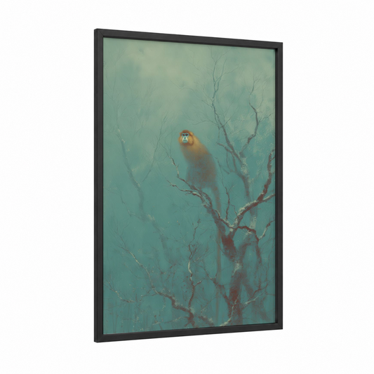 Golden Monkey Mist framed art print — black wood frame — teal and sage green palette