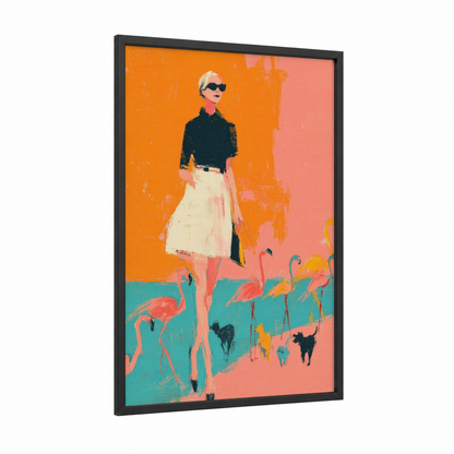 Glamorous Flamingo Fashion framed fashion illustration print — black wood frame — orange and teal palette