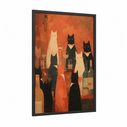 Feline Wine Gathering framed wineries and cellars print — black wood frame — orange and black and white palette