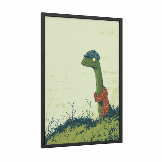 Dapper Nessie framed loch ness monster print — black wood frame — light green and cream palette
