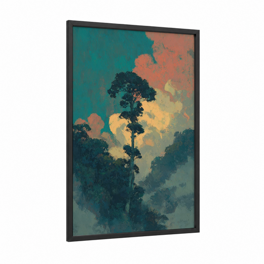 Misty Kauri Tower framed kauri tree print — black wood frame — teal and peach palette