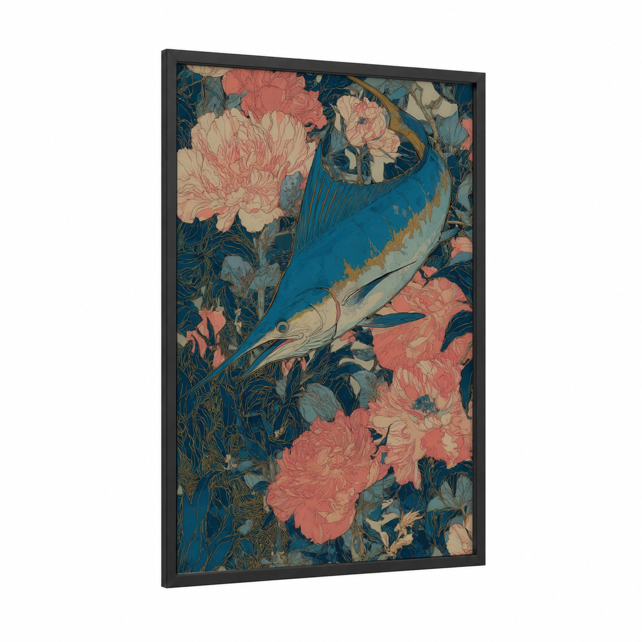 Sailfish Floral Dance framed blue marlin print — black wood frame — blue and salmon pink palette