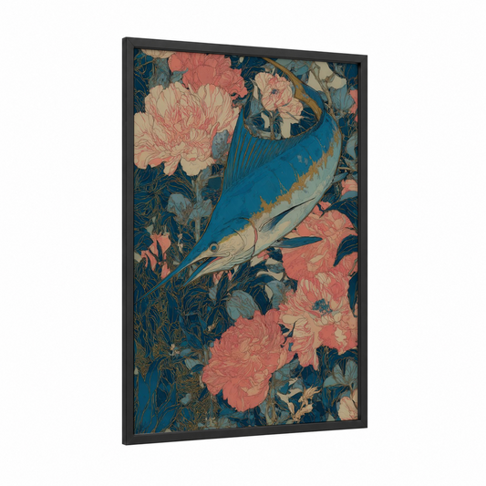 Sailfish Floral Dance framed blue marlin print — black wood frame — blue and salmon pink palette