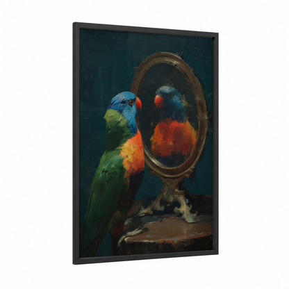 Mirror Lorikeet framed rainbow lorikeet print — black wood frame — blue and orange palette