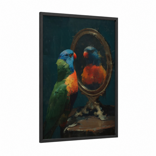 Mirror Lorikeet framed rainbow lorikeet print — black wood frame — blue and orange palette