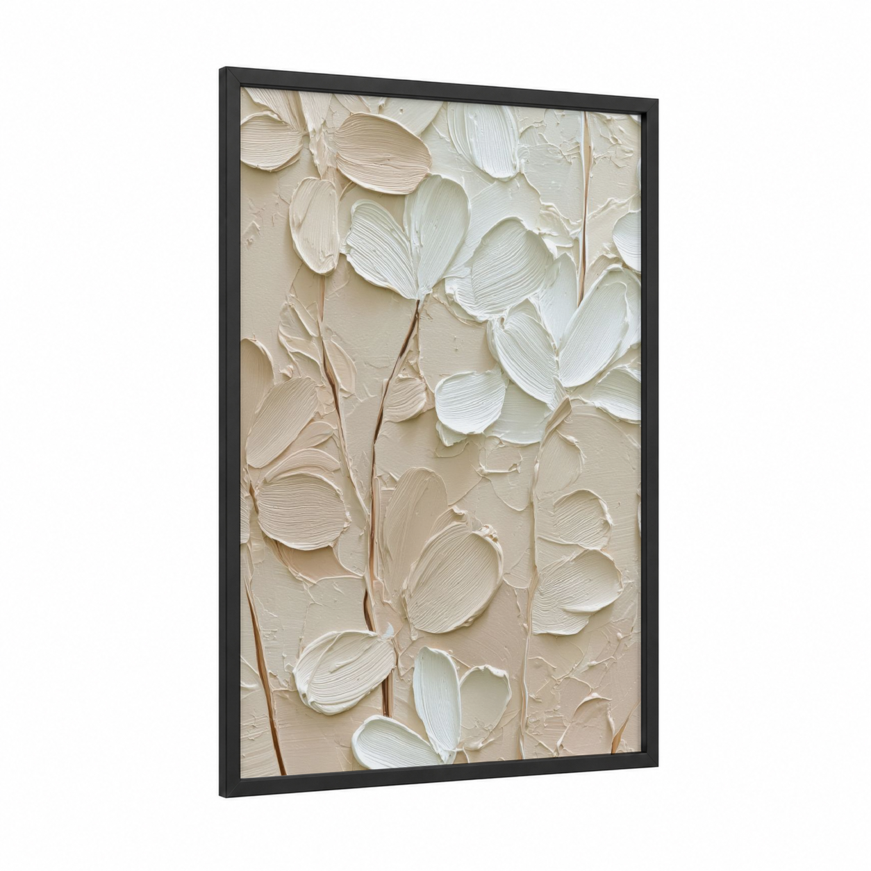 Textured Petals framed abstract minimalist print — black wood frame — white and cream palette