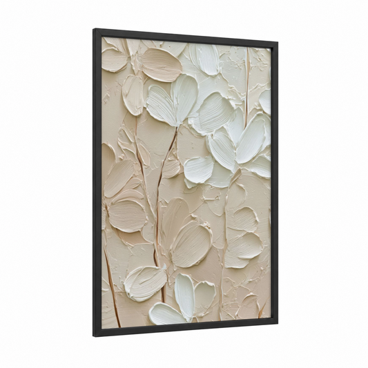 Textured Petals framed abstract minimalist print — black wood frame — white and cream palette