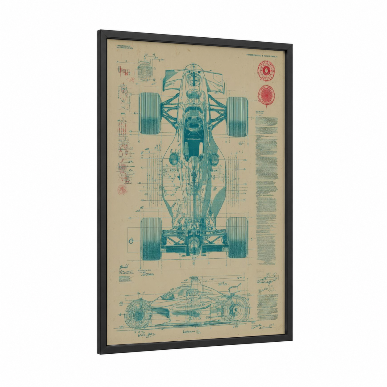 Formula Blueprint framed auto racing print — black wood frame — teal and cream palette